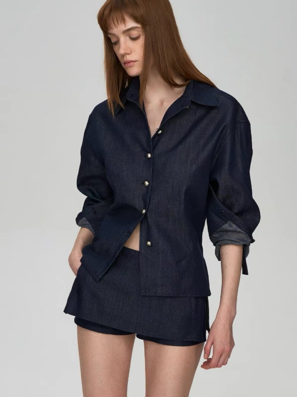 PRRP Dark Denim Shirt – Tencel Linen, Cinched Waist, NWT